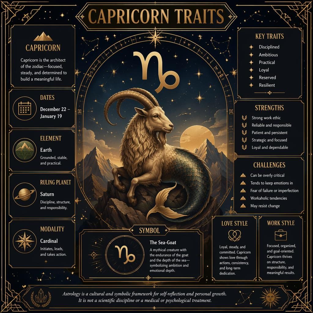 Art Deco Capricorn traits infographic with gold Capricorn glyph, goat-sea-goat motif, stars, zodiac wheel, and profile sections.