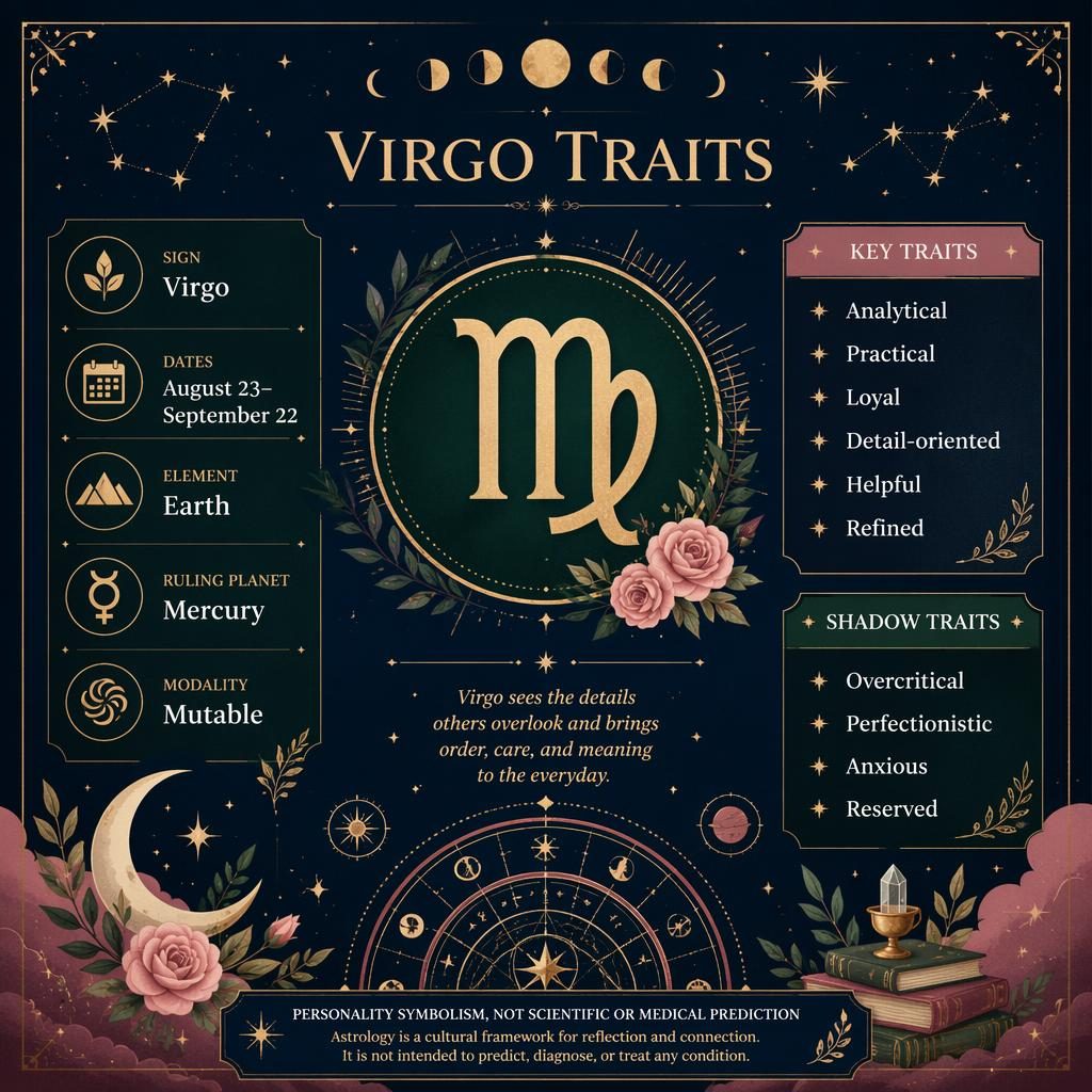 Virgo traits infographic card with Virgo glyph, stars, moon phases, constellations, and ornamental annual profections chart rings.