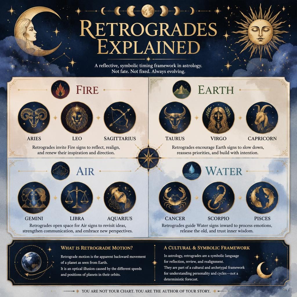 Infographie astrologique mystique en 4 sections Feu, Terre, Air et Eau, avec 12 signes, lunes, étoiles et accents bleu nuit dorés.