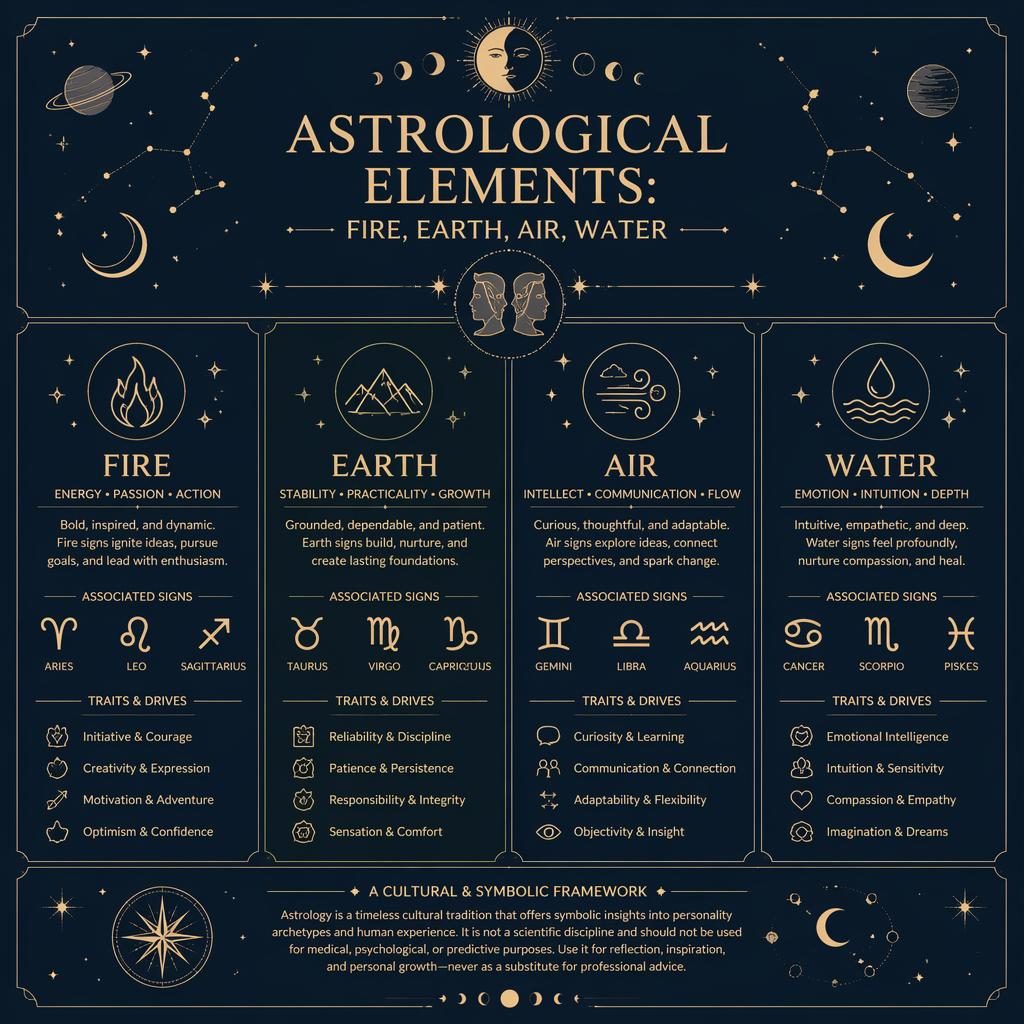 Four-panel astrology infographic in deep blue and gold showing Fire, Earth, Air, and Water with zodiac icons and celestial motifs.