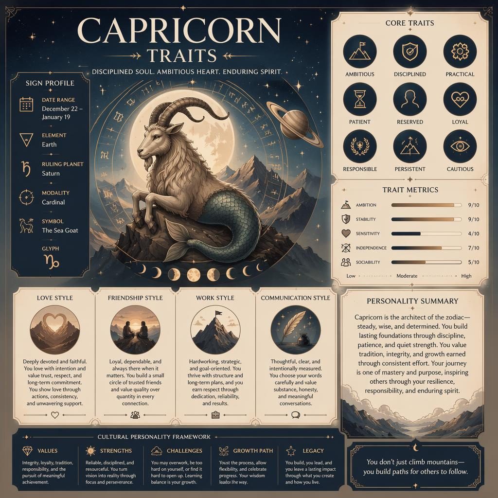 Pinterest-style Capricorn traits infographic with goat glyph, zodiac wheel, stars, moon phases, pastel earth tones, blue and gold.