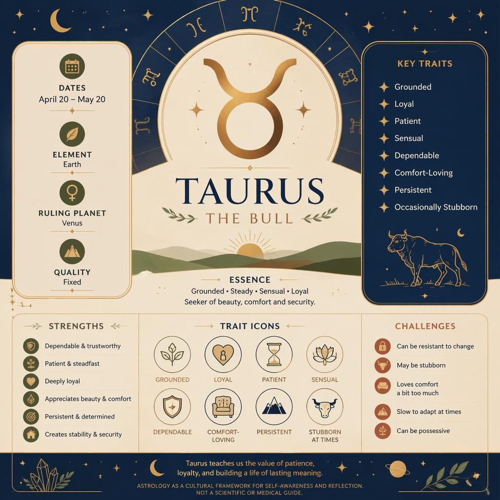 Infografía minimalista de Tauro con glifo central, fechas, elemento tierra, Venus, rasgos e iconos celestiales.