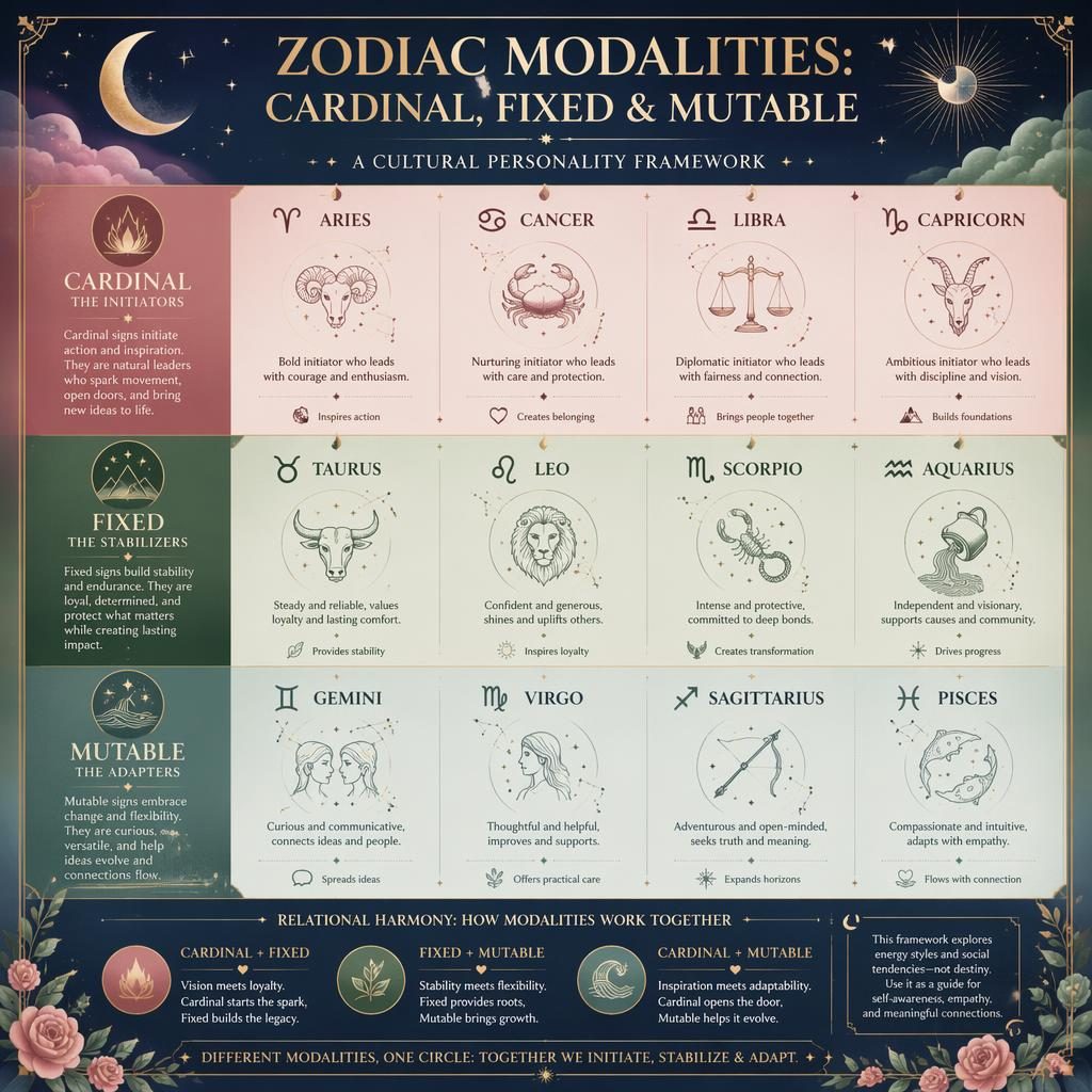 Infografía mística del zodiaco con 12 signos en cuadrícula, agrupados en cardinal, fijo y mutable, en tonos rosa, verde y azul.
