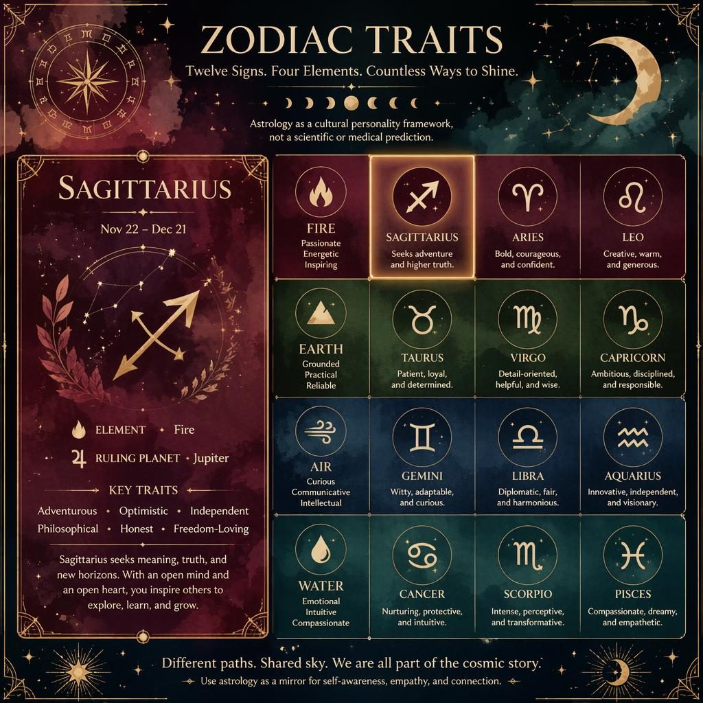Celestial zodiac infographic with 12 signs grouped by elements, Sagittarius highlighted with traits, dates, Jupiter, and Fire.
