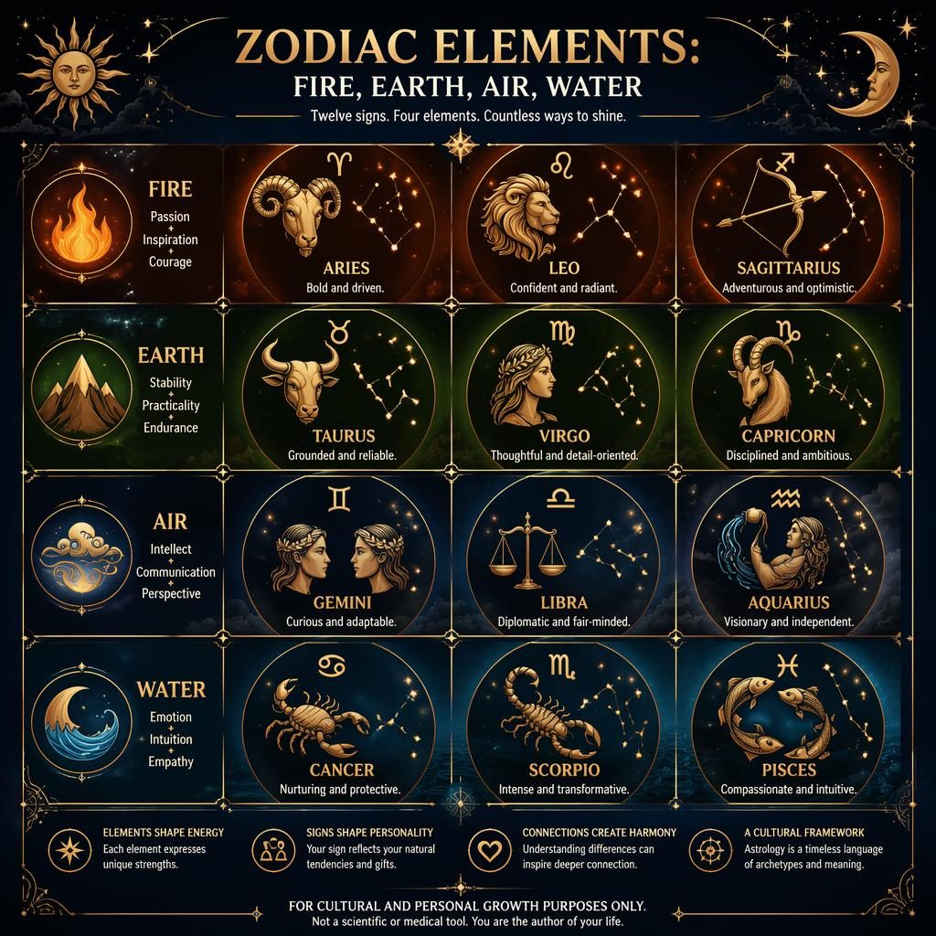 Infographie du zodiaque en grille de 12 signes, fond bleu nuit et or, groupée par Feu, Terre, Air et Eau.