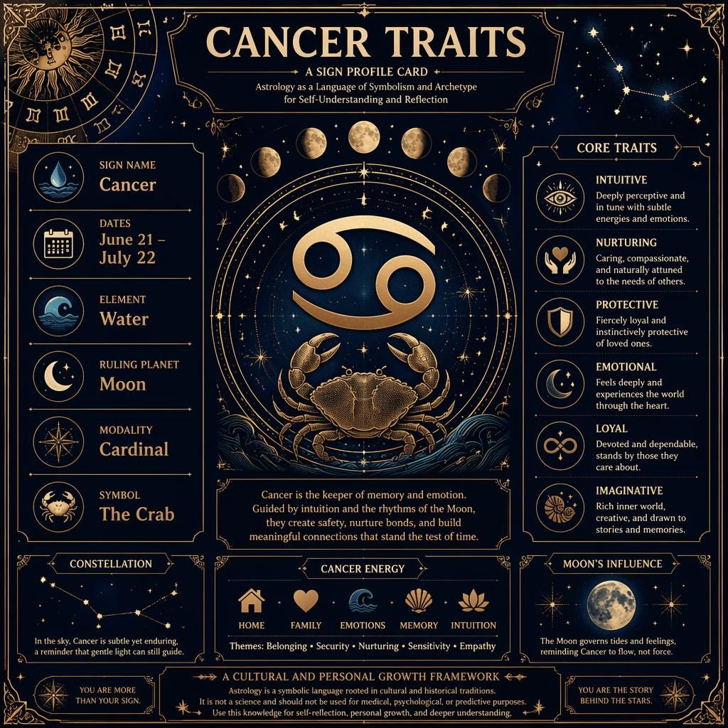 Infografía zodiacal de Cáncer en azul medianoche y dorado con glifo central, lunas, estrellas, rueda zodiacal y rasgos.