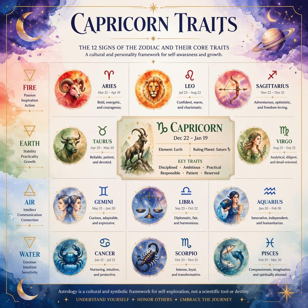 Celestial watercolor zodiac infographic with a 12-sign grid by element, highlighting Capricorn traits in the Earth group.