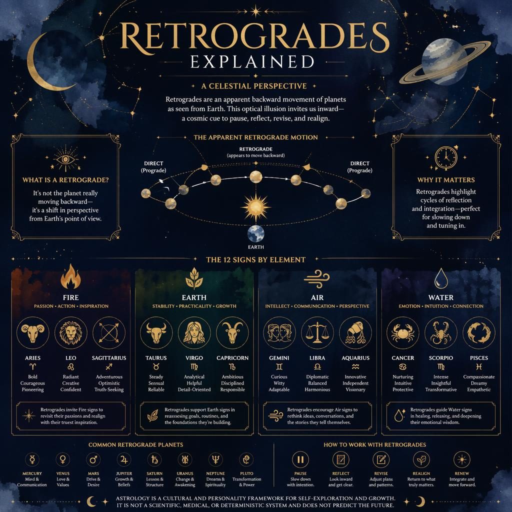 Mystical zodiac infographic showing 12 signs grouped by Fire, Earth, Air, and Water with retrograde arrows and orbit diagrams.