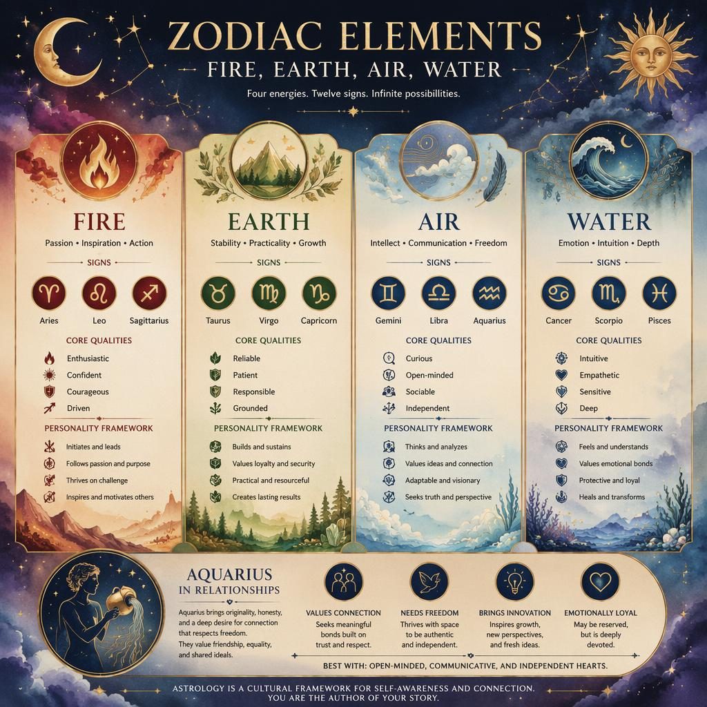 Infografía mística del zodiaco con 4 paneles: fuego, tierra, aire y agua, signos, iconos celestes y acuarela pastel.