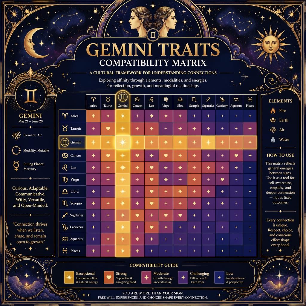 Art nouveau zodiac compatibility heatmap with Gemini highlighted, midnight blue and gold, all 12 signs, stars and moon motifs.