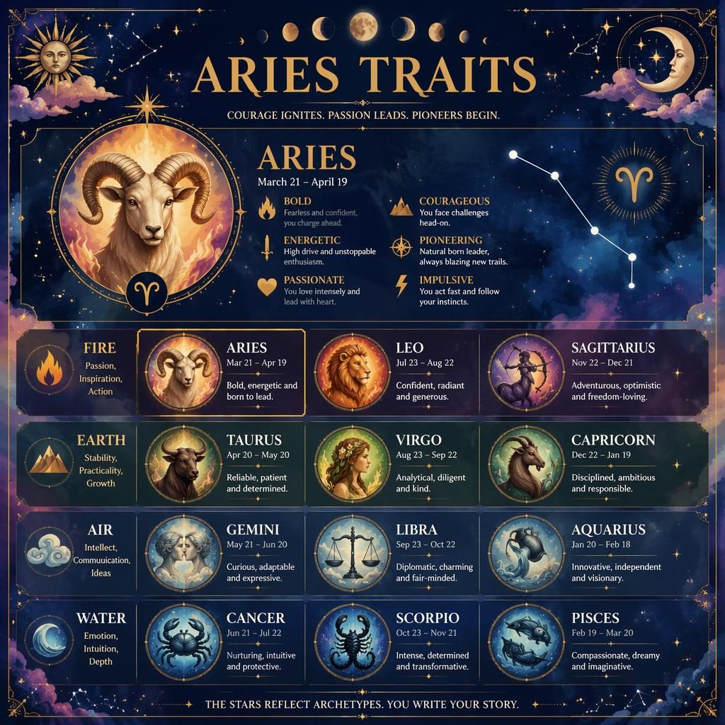 Infografía zodiacal en acuarela con 12 signos por elementos, Aries resaltado, fondo celeste pastel, estrellas y acentos azul y oro.