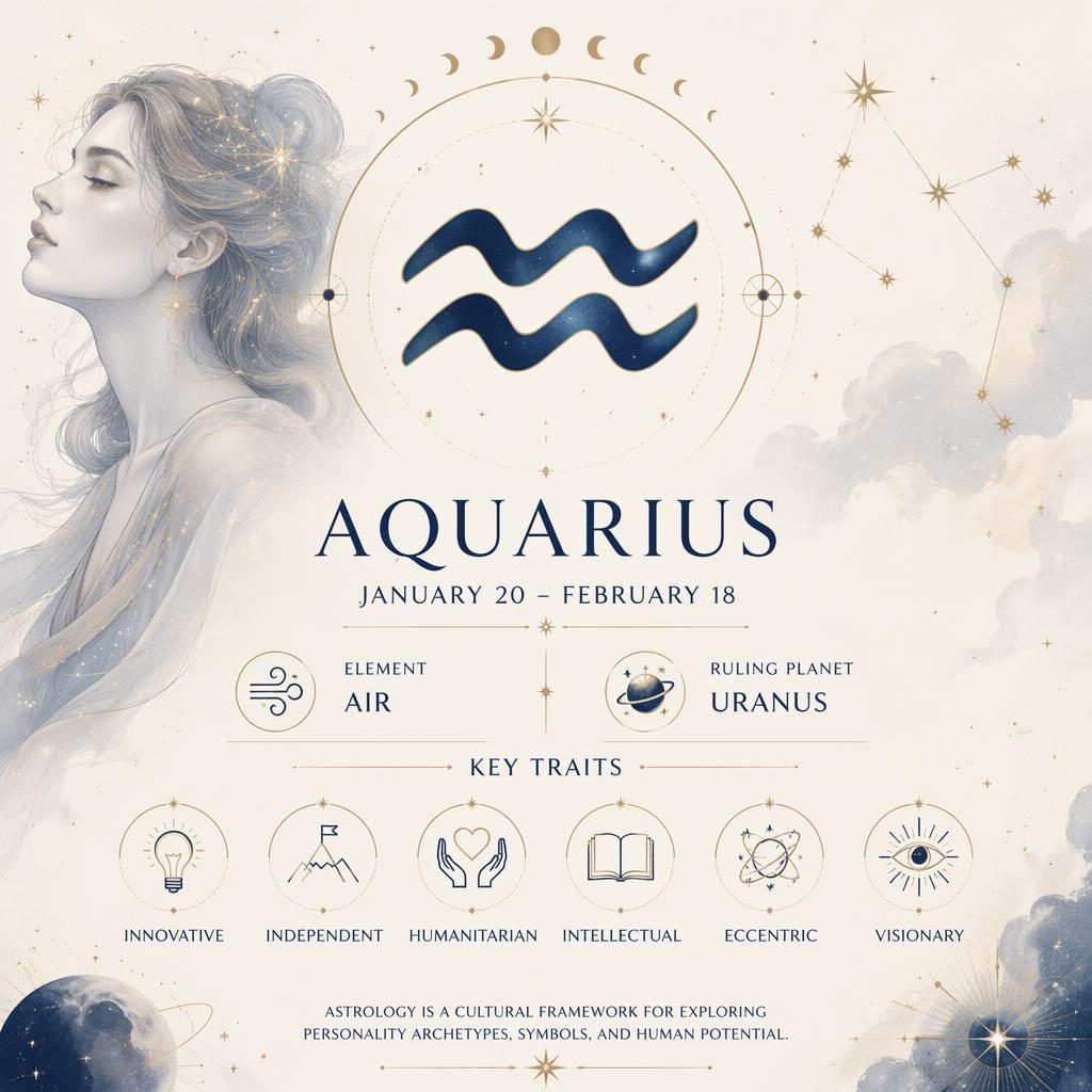 Infographie signe Verseau avec glyphe central, étoiles, constellations, phases lunaires et accents bleu nuit et or.