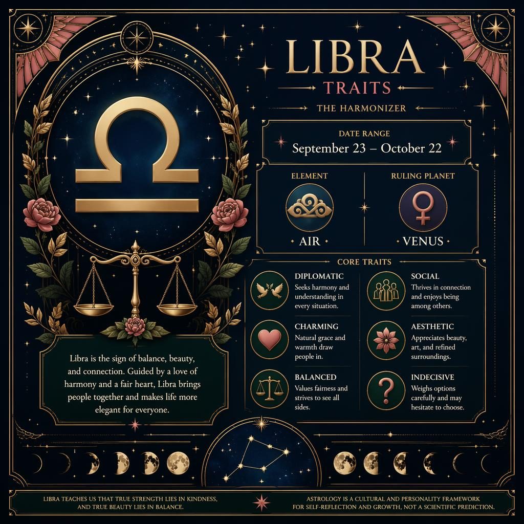 Art deco Libra traits infographic with gold glyph, Air element, Venus ruler, constellation, moon phases, and celestial borders.