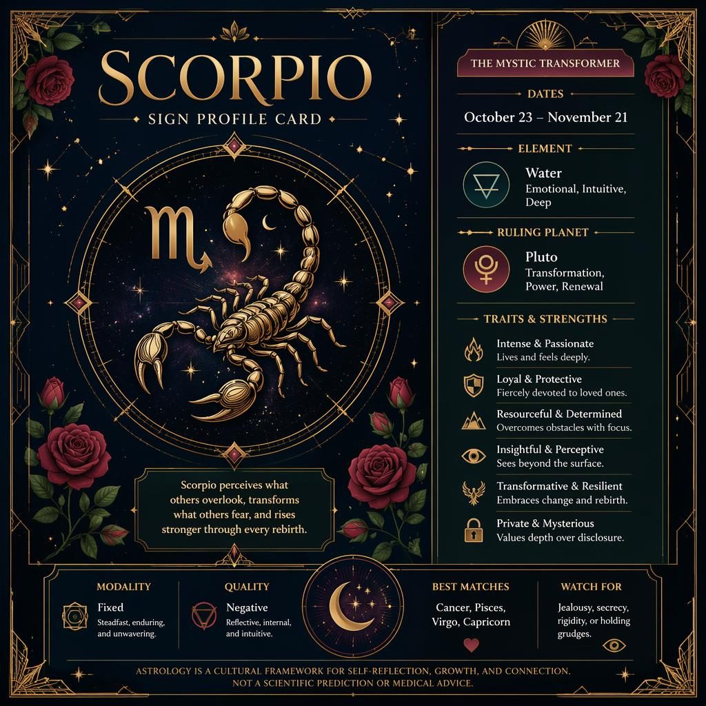 Infografía de Escorpio estilo art déco en azul profundo y dorado, con glifo central, rasgos en inglés, estrellas y bordes geométricos.