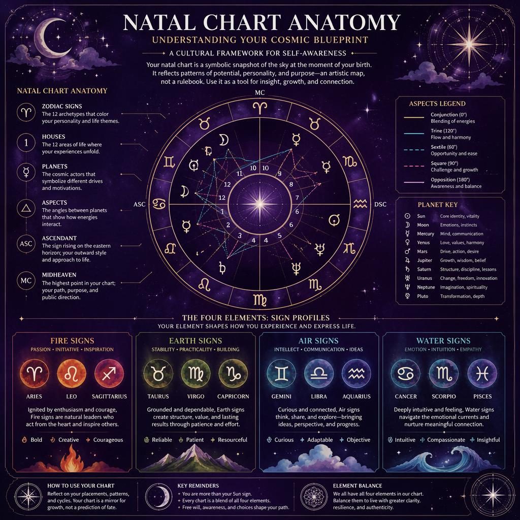 Zodiac infographic of natal chart anatomy with a circular chart wheel, fire earth air water sections, star maps, and icons.