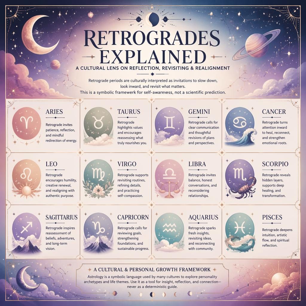 Celestial 12-sign zodiac grid infographic with pastel blue and gold stars, moons, constellations, and retrograde traits.