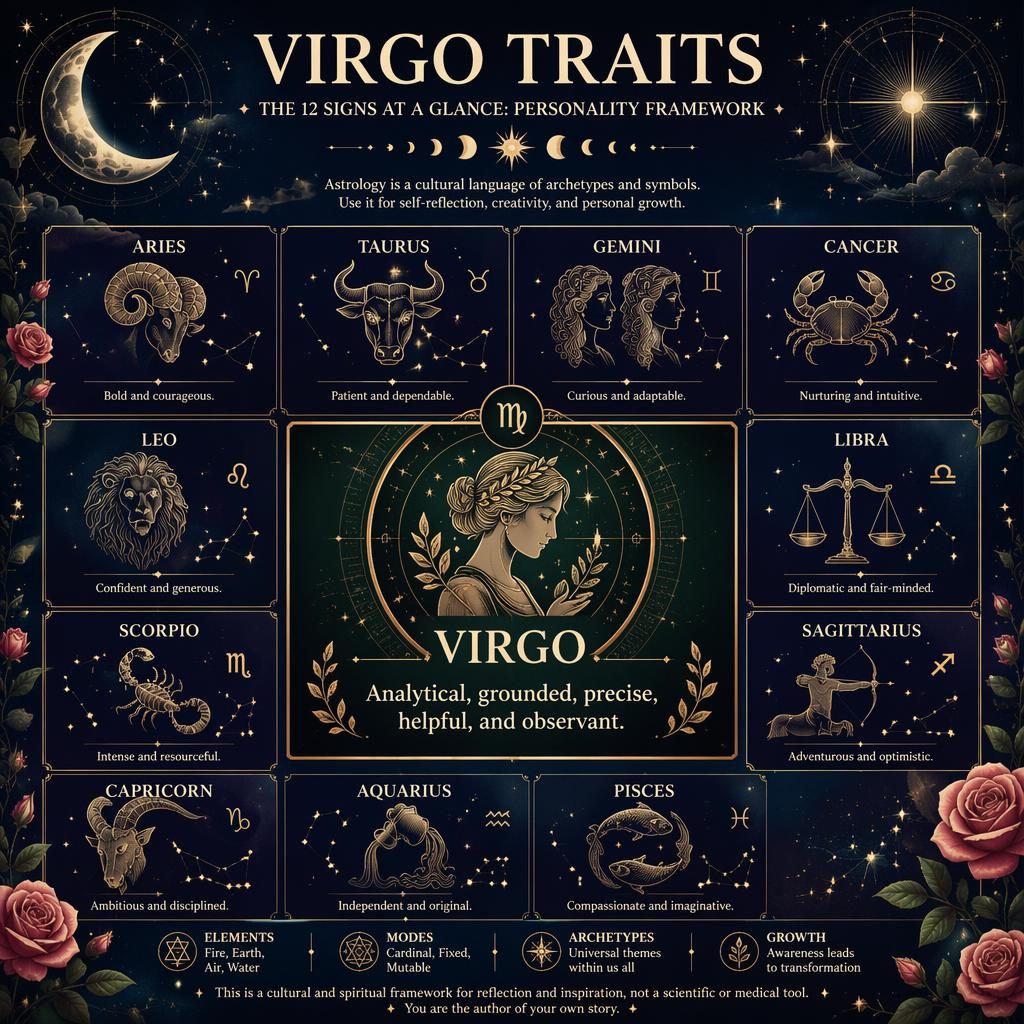 Editorial 12-sign zodiac grid infographic with Virgo highlighted, celestial linework, star maps, lunar motifs, rose and forest tones.