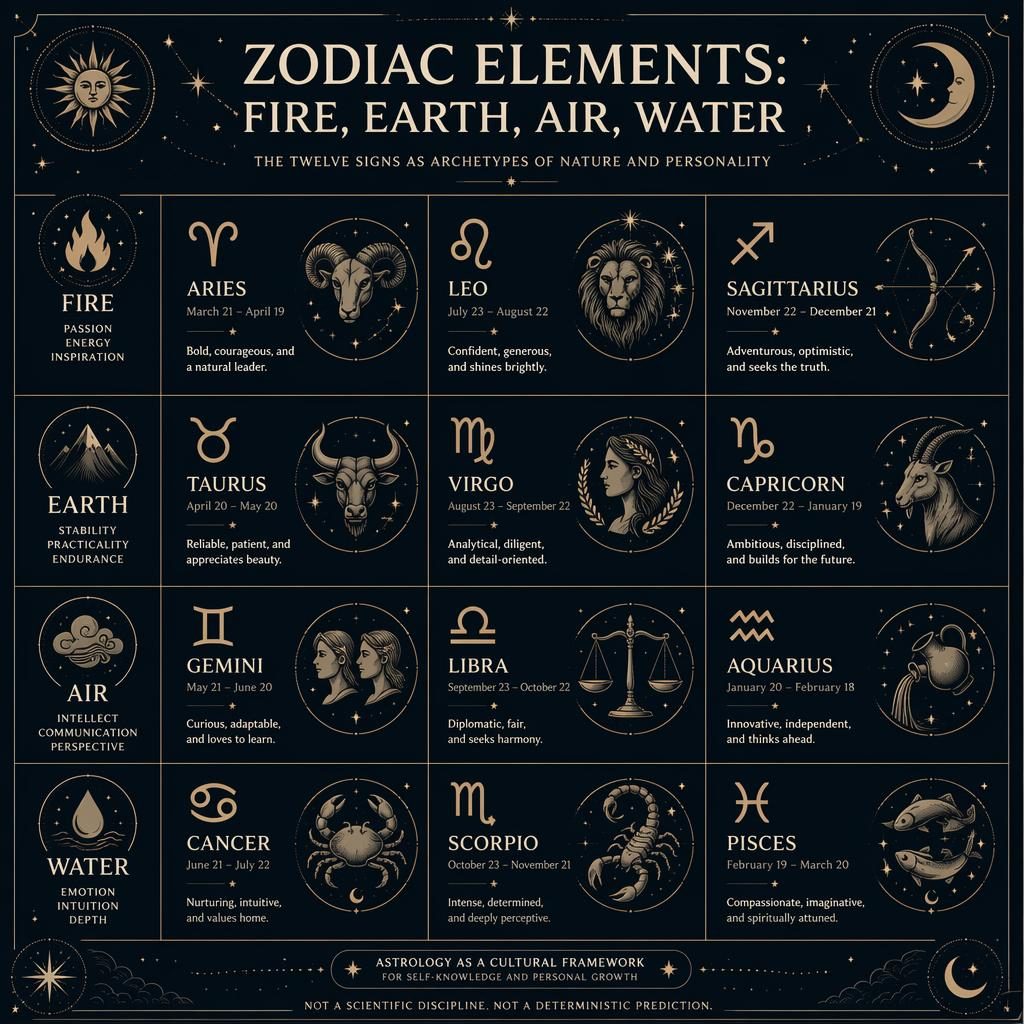 Editorial zodiac infographic showing all 12 signs in a monochrome grid grouped by fire, earth, air, and water.