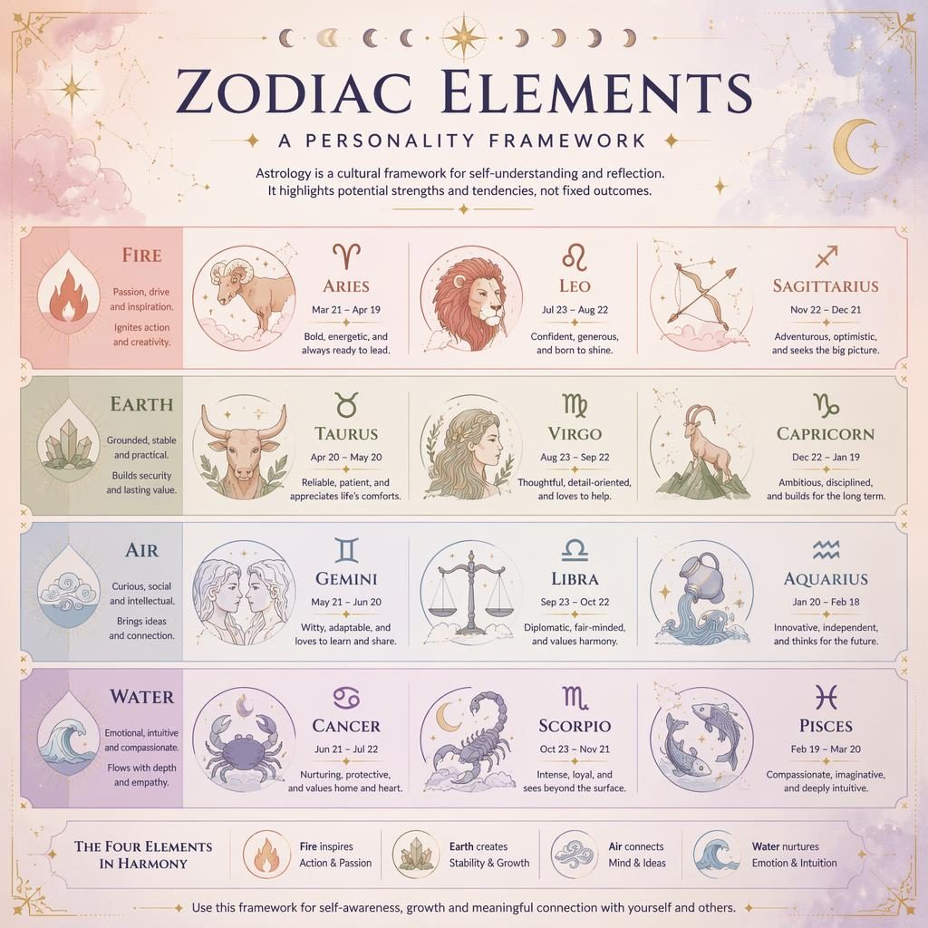 Pastel celestial zodiac infographic with 12-sign grid, element groups, stars, moon phases, and gold-accented icons.