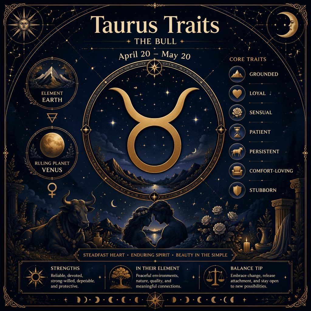 Infografía mística de Tauro con glifo central, marco celeste circular, tonos azul noche y dorado, fechas y rasgos.