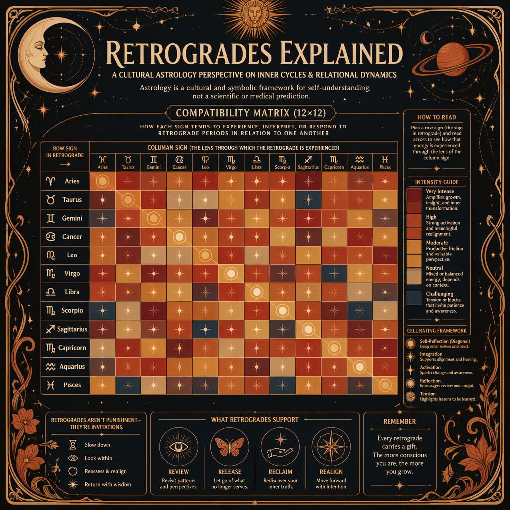 Art nouveau zodiac infographic with a 12x12 compatibility matrix, celestial motifs, warm earth tones, and English labels.