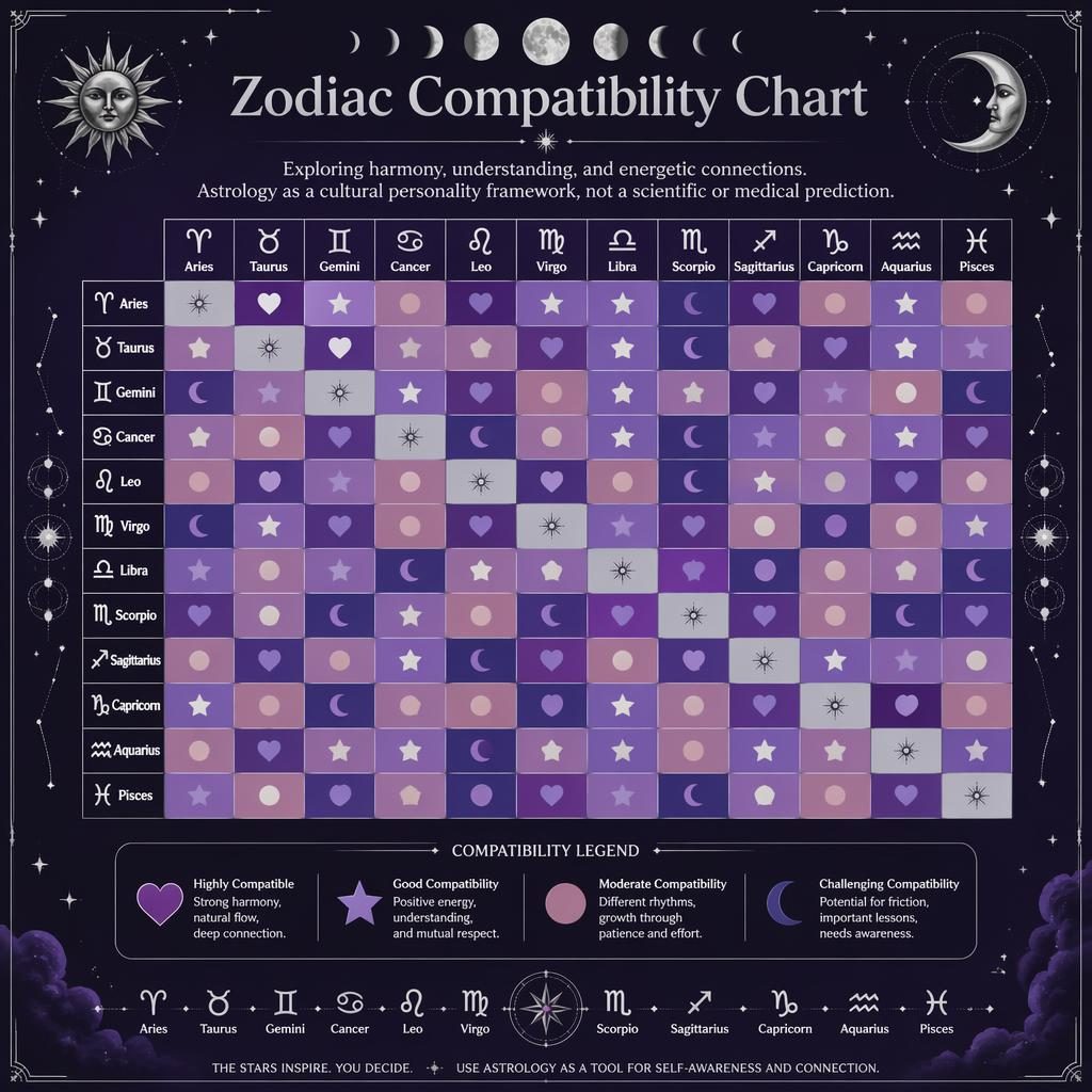Deep purple zodiac compatibility matrix heatmap with 12 signs, silver legend, glyphs, stars, moon phases, and orbit motifs.