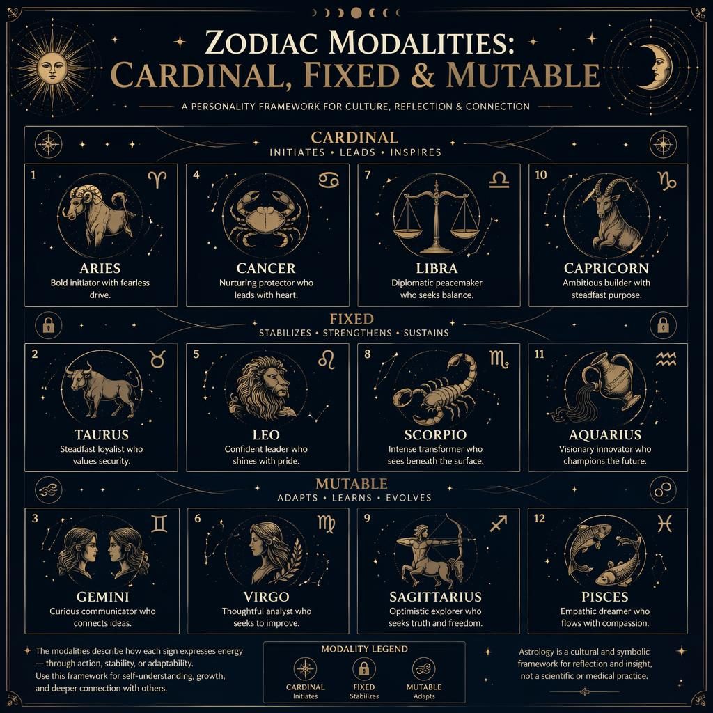 12-panel zodiac modalities infographic with cardinal, fixed, and mutable signs in deep blue, gold, and monochrome.
