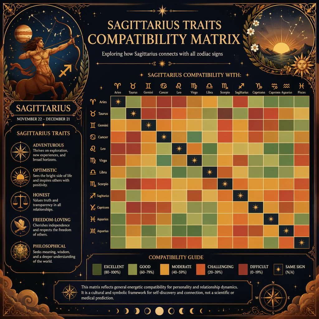 Infografía zodiacal con matriz 12×12 de compatibilidad de Sagitario, leyenda en inglés, panel de rasgos y arte celeste art nouveau.