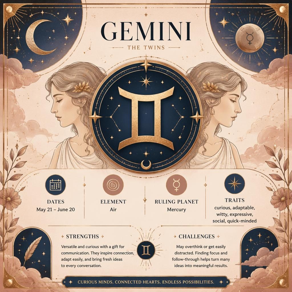 Pastel Gemini traits zodiac infographic with glyph, dates, air element, Mercury, strengths, challenges, stars and moon