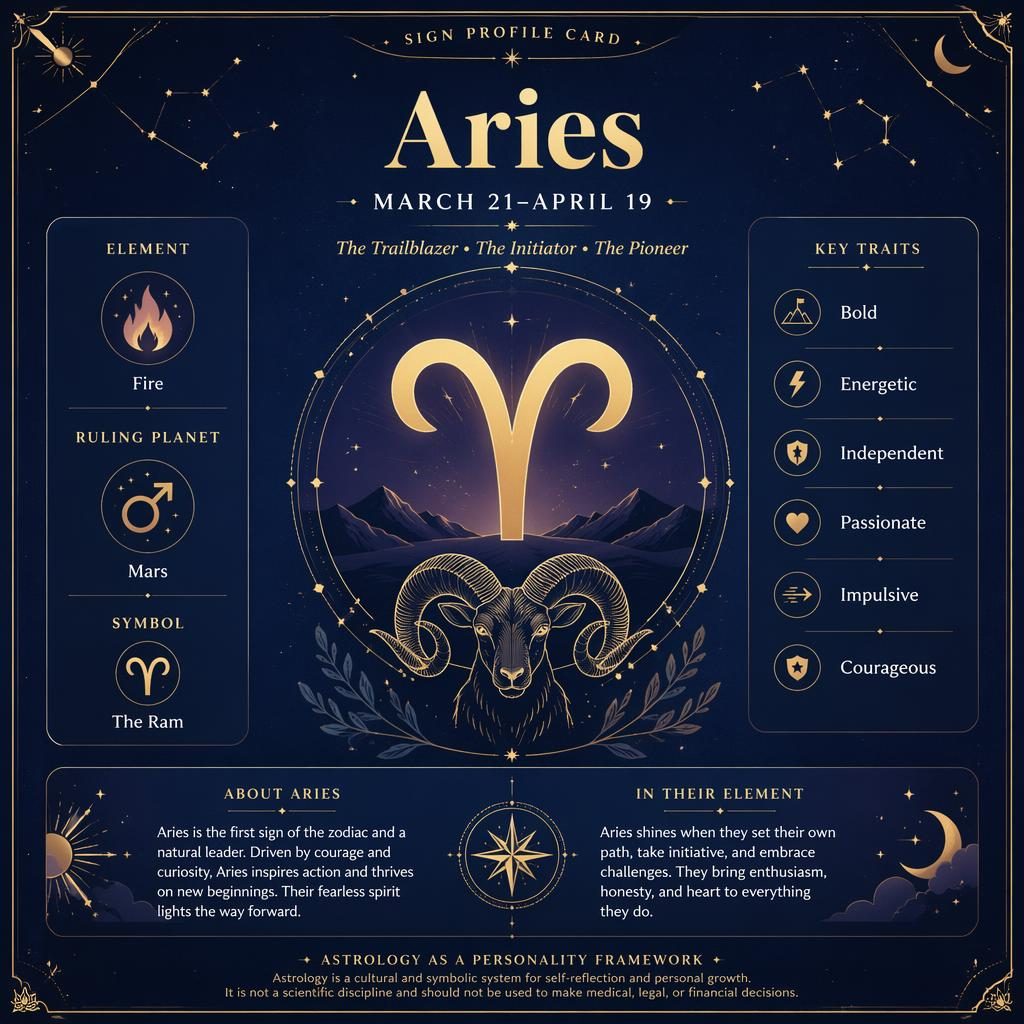 Deep blue and gold Aries traits infographic with ram glyph, dates, Fire element, Mars, and bold trait labels.