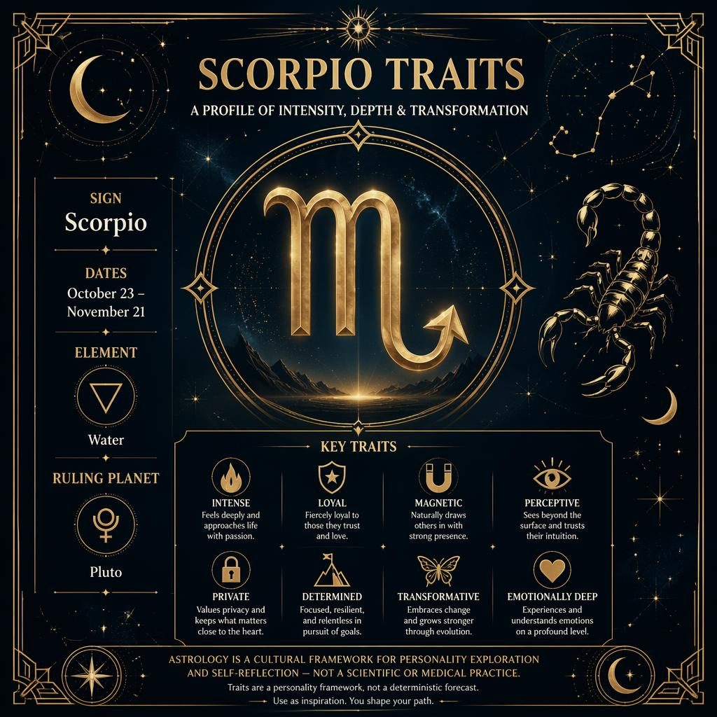 Scorpio traits infographic in deep blue and gold with Scorpio glyph, art deco borders, star charts, moons, and profile text.