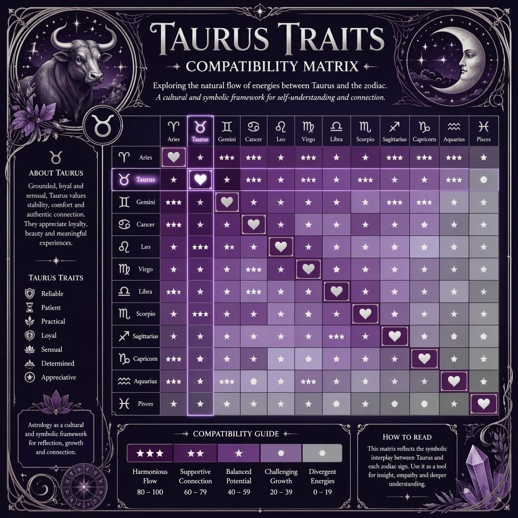 Art nouveau Taurus compatibility matrix infographic with 12 zodiac signs, purple-silver heatmap, celestial motifs, legend