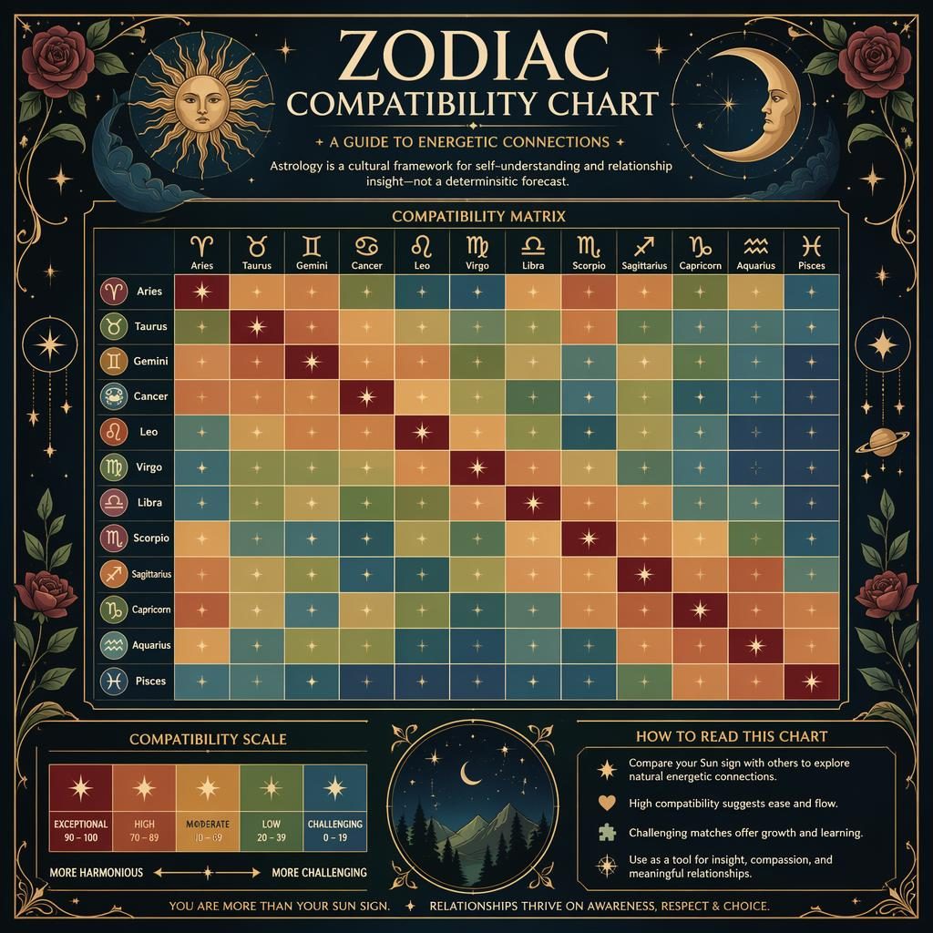 Infographie astrologique Art nouveau avec matrice 12×12 des compatibilités du zodiaque, accents célestes et bordures ornées.