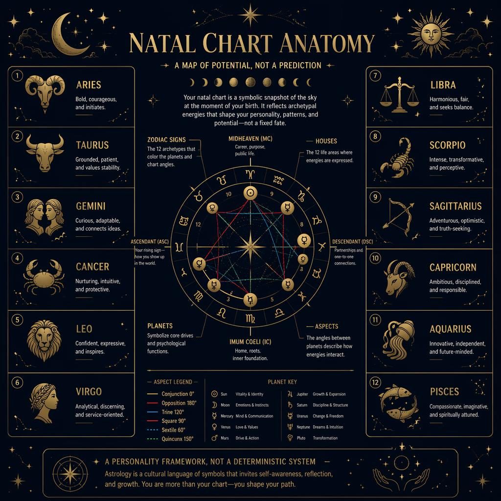 Infografía editorial celeste en azul medianoche y dorado con rueda natal central, anillos orbitales y cuadrícula de 12 signos.