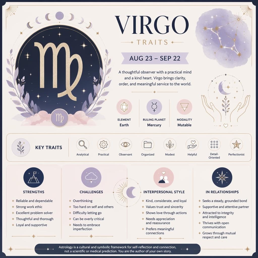 Minimal Virgo traits infographic card with Virgo glyph, dates, Earth element, Mercury, trait panels, stars, moon phases.