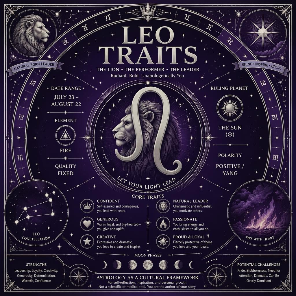 Vintage-style Leo traits infographic with central Leo glyph, constellation, zodiac wheel, moon phases, and purple silver details.