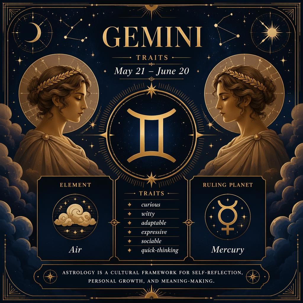 Gemini Traits zodiac profile card with glyph, May 21–June 20, Air, Mercury, traits, gold celestial motifs on deep blue