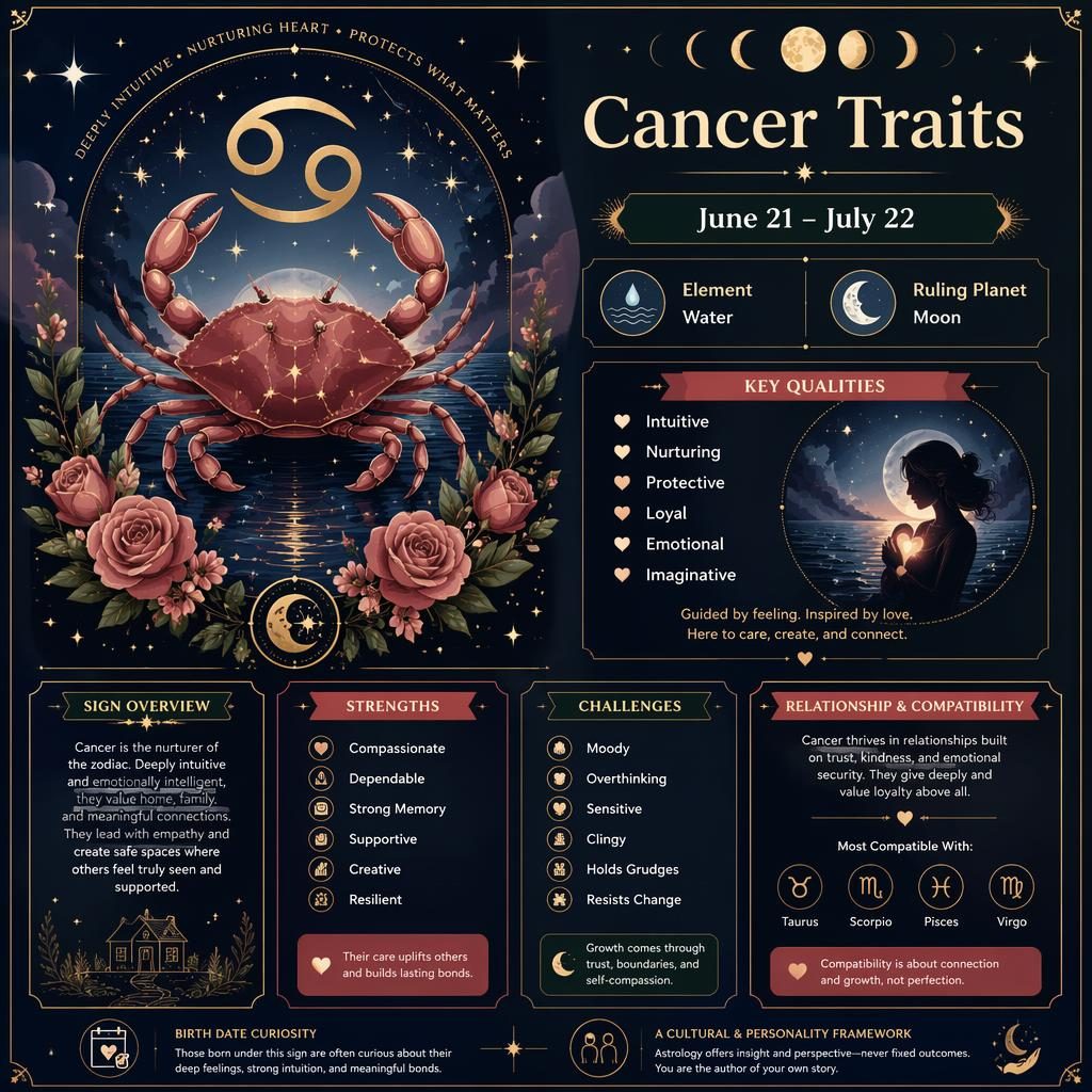 Pastel Cancer traits infographic with crab motif, Cancer glyph, moon phases, stars, June 21–July 22, and key traits.