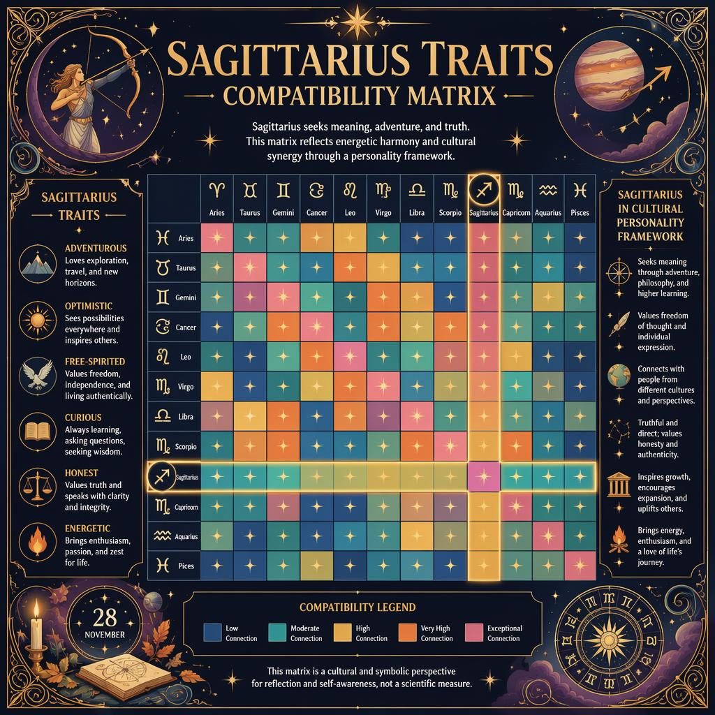 Sagittarius zodiac compatibility matrix infographic with 12 signs on both axes, highlighted row and column, deep blue and gold celestial art.