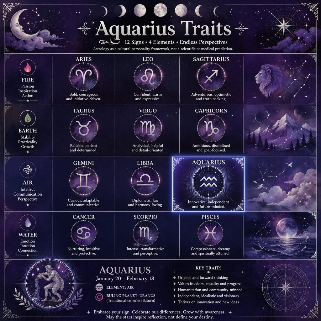 Aquarius Traits zodiac infographic with a 12-sign elemental grid, Aquarius highlighted in Air, in deep purple and silver watercolor.