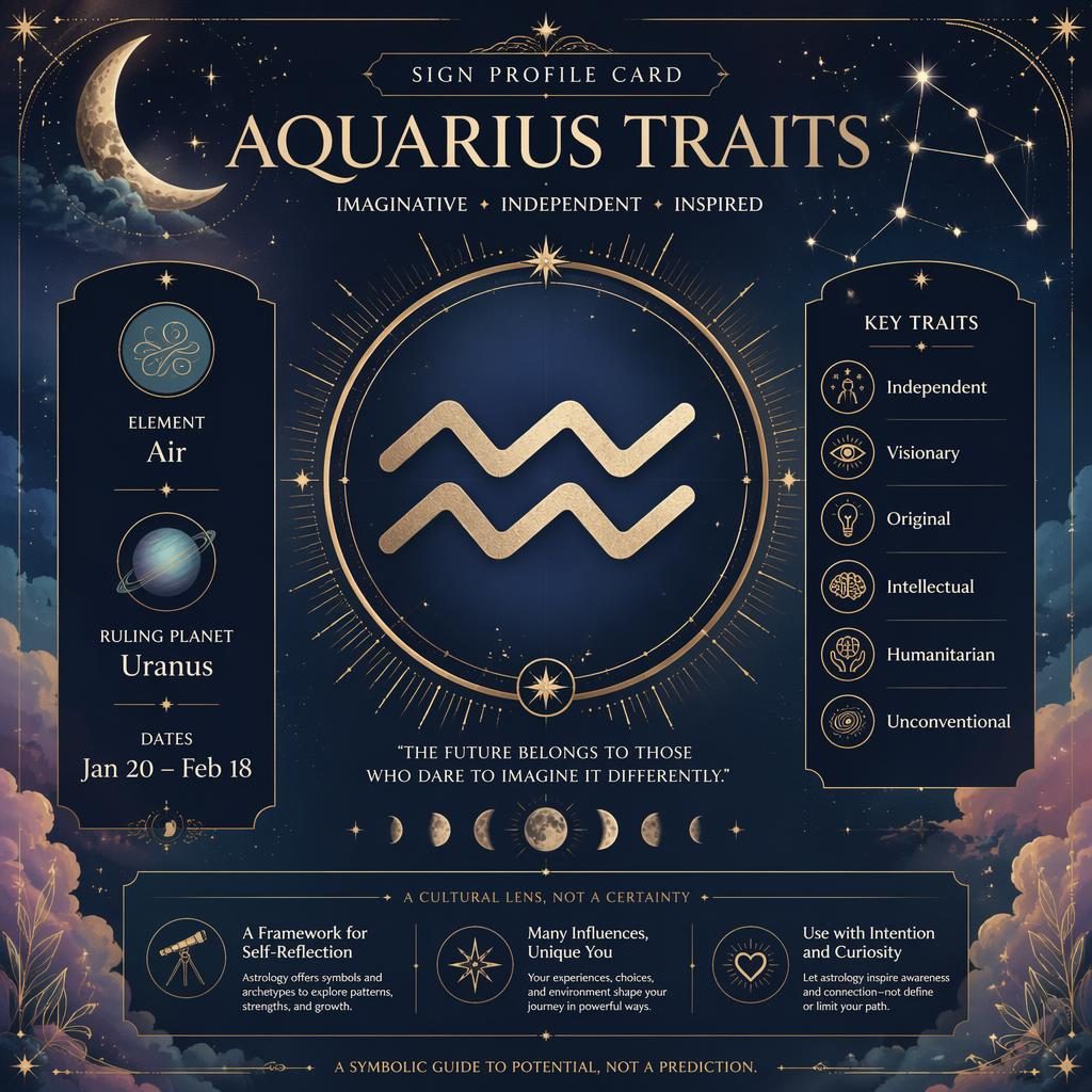 Editorial Aquarius traits infographic with centered glyph, dates, Air element, Uranus, traits, stars, moon phases, and gold accents.