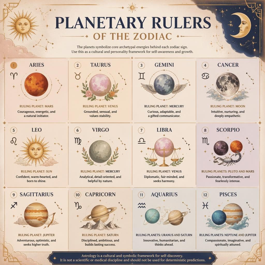 Pastel zodiac infographic grid showing 12 signs, ruling planets, one-line traits, celestial motifs, parchment tones, and gold accents.