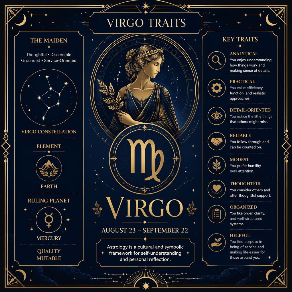 Infografía art déco de Virgo en azul medianoche y dorado con glifo, fechas, elemento Tierra, Mercurio y rasgos.