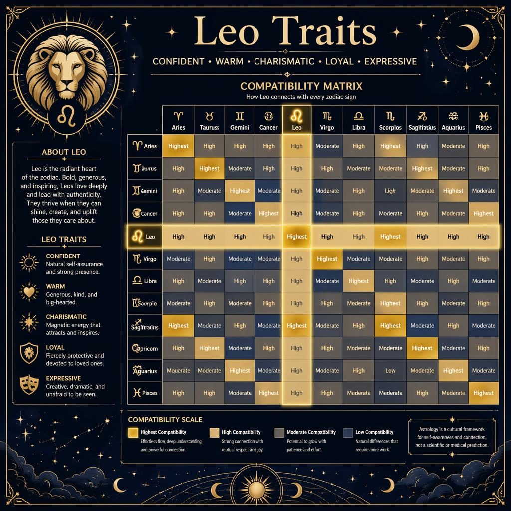 Art nouveau Leo Traits infographic with 12x12 zodiac compatibility matrix, celestial motifs, English labels, and Leo highlighted.