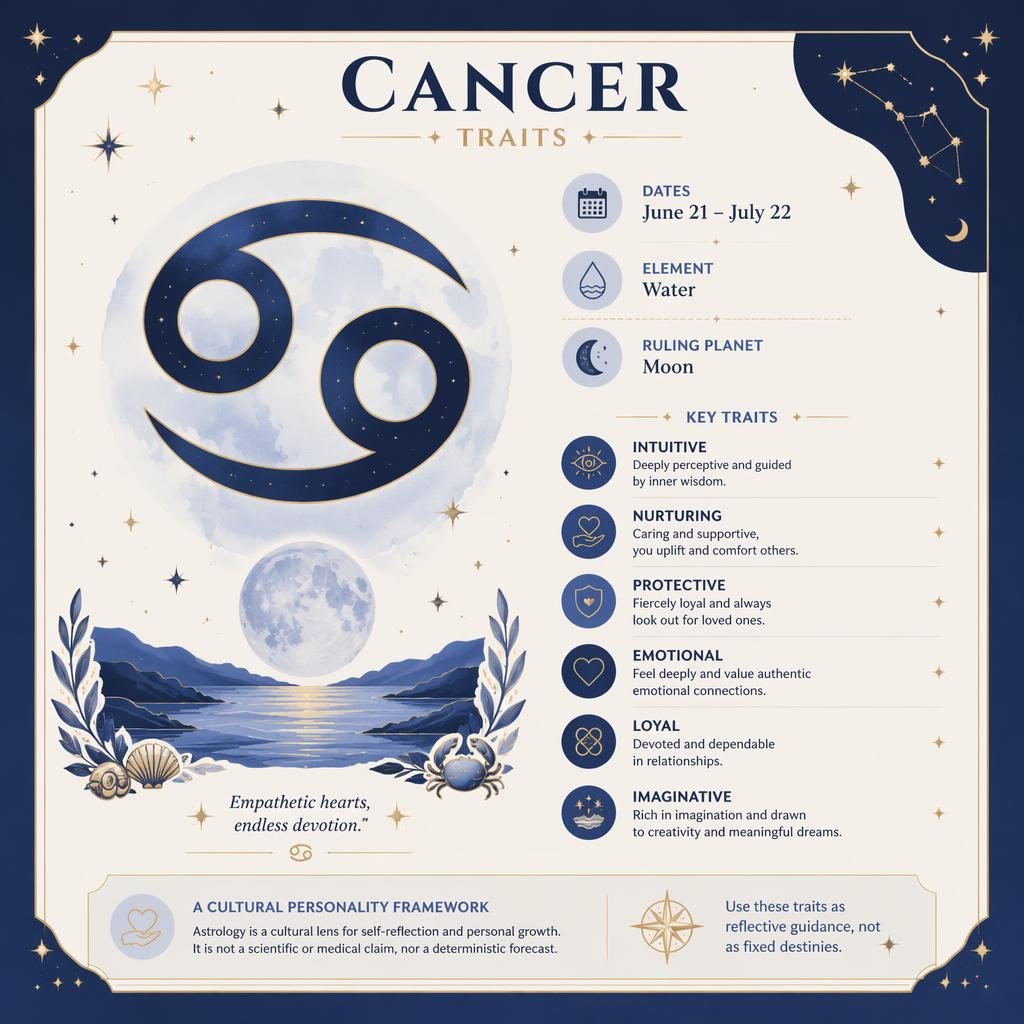 Minimal pastel zodiac infographic for Cancer with large glyph, June 21–July 22, Water, Moon, and trait labels.