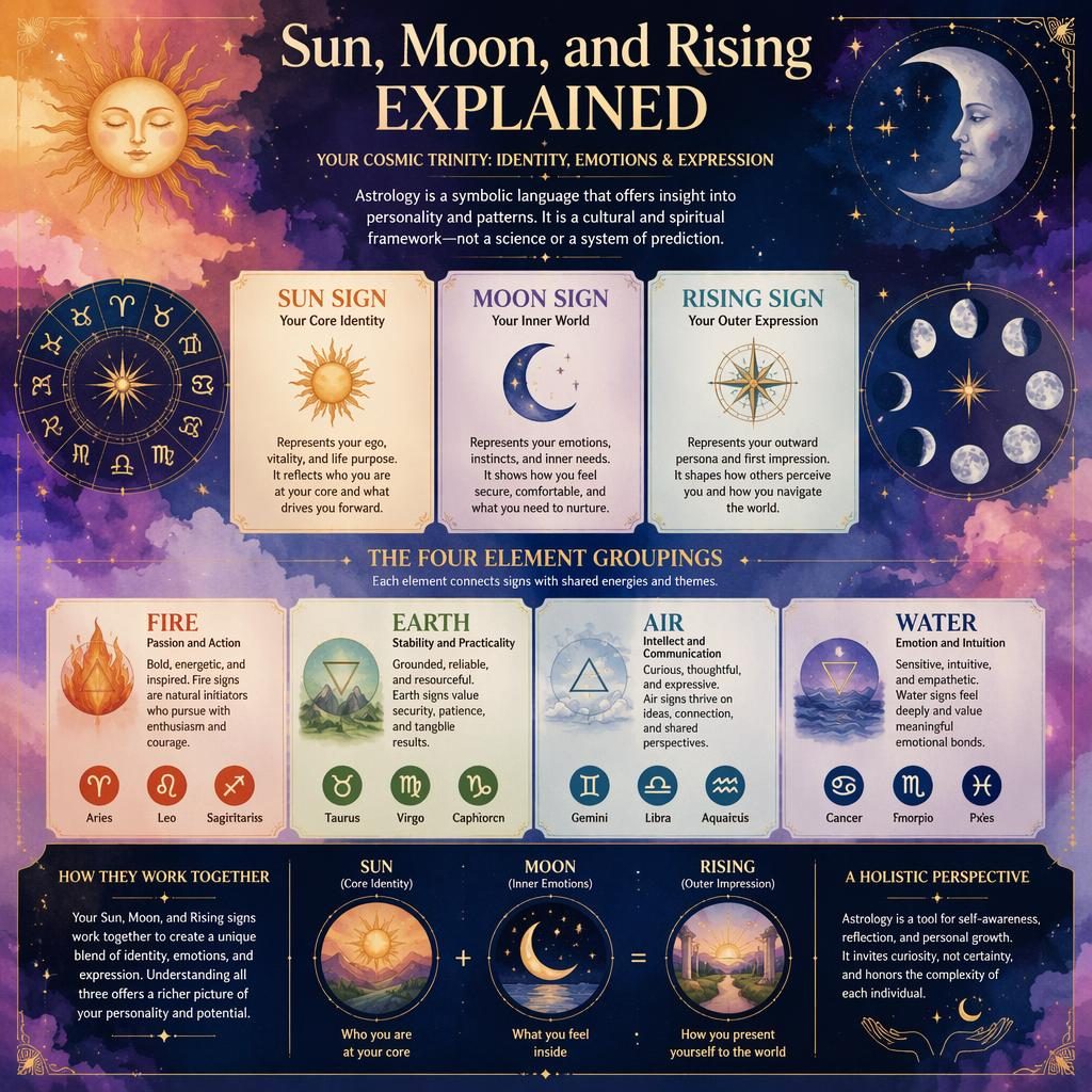 Pastel celestial zodiac infographic explaining Sun, Moon, and Rising signs with Fire, Earth, Air, Water panels and gold accents.