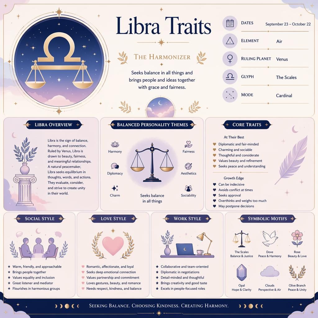 Zodiac infographic titled "Libra Traits". SIGN PROFILE CARD. Feature Libra as the hero sign with prominent glyph, dates,