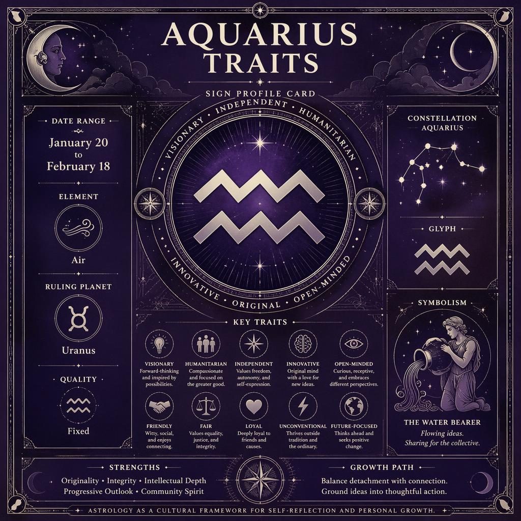 Vintage-style Aquarius traits infographic with zodiac glyph, celestial rings, constellation accents, and purple silver details