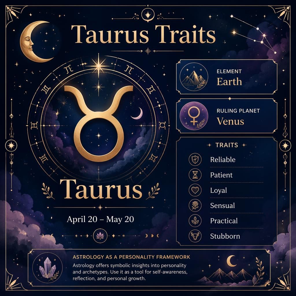 Pastel midnight blue and gold Taurus traits infographic with Taurus glyph, zodiac wheel, stars, moon, dates and traits.