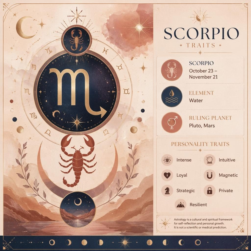Pastel Scorpio traits infographic with glyph, constellation accents, zodiac wheel, and ashtakavarga chart-inspired motifs